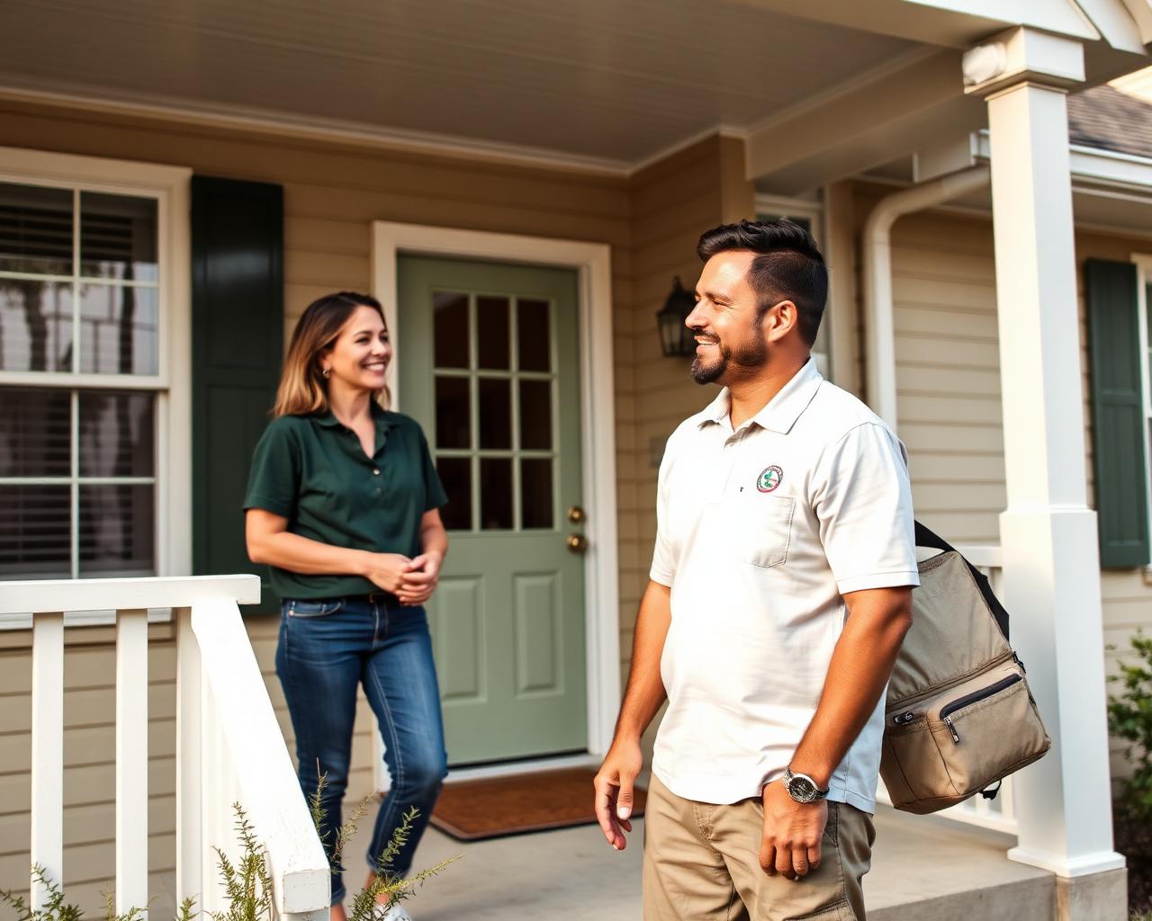 A homeowner speaking with a neutral service professional on a front porch